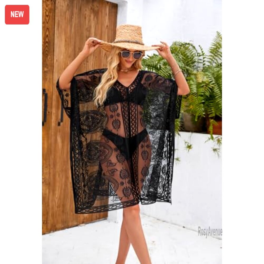 Loose Fit V-Neck Lace Beach Cover Up Dress, Polyester, One Size - Picture 5 of 7